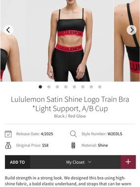lululemon Satin Shine Logo Train Bra *Light Support A/B Cup XL in Black/Red Glow
